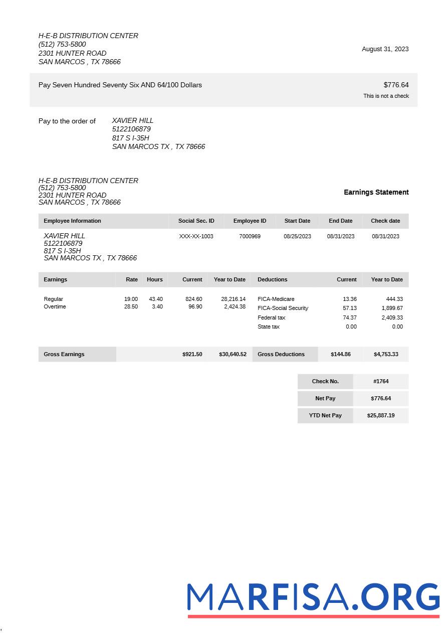 Printable H E B Distribution Center earning statement template